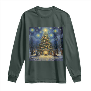 Nativity Scene Long Sleeve Shirt Christmas Starry Night Christian Jesus Baby Jesus Holiday TS14 Dark Forest Green Print Your Wear