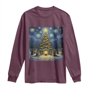 Nativity Scene Long Sleeve Shirt Christmas Starry Night Christian Jesus Baby Jesus Holiday TS14 Maroon Print Your Wear
