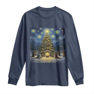 Nativity Scene Long Sleeve Shirt Christmas Starry Night Christian Jesus Baby Jesus Holiday TS14 Navy Print Your Wear