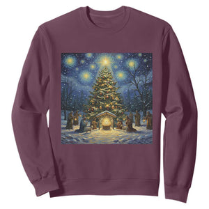 Nativity Scene Sweatshirt Christmas Starry Night Christian Jesus Baby Jesus Holiday TS14 Maroon Print Your Wear