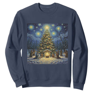 Nativity Scene Sweatshirt Christmas Starry Night Christian Jesus Baby Jesus Holiday TS14 Navy Print Your Wear