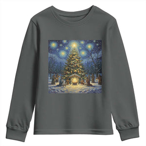 Nativity Scene Youth Sweatshirt Christmas Starry Night Christian Jesus Baby Jesus Holiday TS14 Dark Heather Print Your Wear