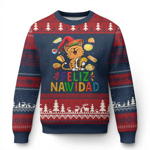 Funny Mexican Cat Xmas Ugly Christmas Sweater Feliz Navidad Sombrero Kitty Xmas TS14 Navy Red Print Your Wear