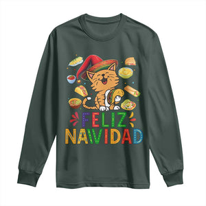 Funny Mexican Cat Christmas Long Sleeve Shirt Feliz Navidad Sombrero Kitty Xmas TS14 Dark Forest Green Print Your Wear