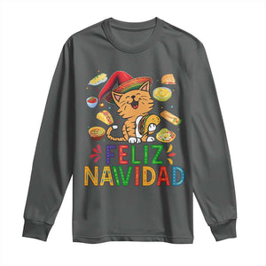 Funny Mexican Cat Christmas Long Sleeve Shirt Feliz Navidad Sombrero Kitty Xmas TS14 Dark Heather Print Your Wear