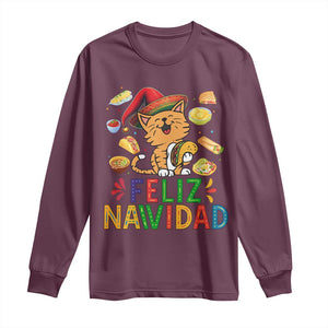 Funny Mexican Cat Christmas Long Sleeve Shirt Feliz Navidad Sombrero Kitty Xmas TS14 Maroon Print Your Wear