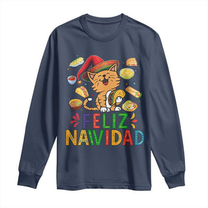 Funny Mexican Cat Christmas Long Sleeve Shirt Feliz Navidad Sombrero Kitty Xmas TS14 Navy Print Your Wear