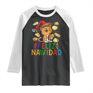 Funny Mexican Cat Christmas Raglan Shirt Feliz Navidad Sombrero Kitty Xmas - Print Your Wear