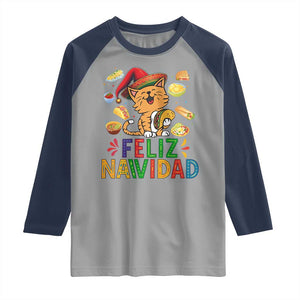 Funny Mexican Cat Christmas Raglan Shirt Feliz Navidad Sombrero Kitty Xmas TS14 Sport Gray Navy Print Your Wear
