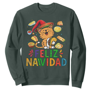 Funny Mexican Cat Christmas Sweatshirt Feliz Navidad Sombrero Kitty Xmas TS14 Dark Forest Green Print Your Wear