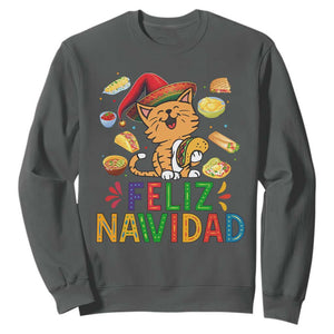 Funny Mexican Cat Christmas Sweatshirt Feliz Navidad Sombrero Kitty Xmas TS14 Dark Heather Print Your Wear