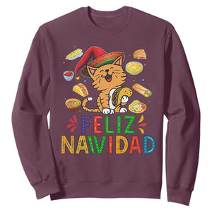 Funny Mexican Cat Christmas Sweatshirt Feliz Navidad Sombrero Kitty Xmas TS14 Maroon Print Your Wear