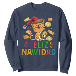Funny Mexican Cat Christmas Sweatshirt Feliz Navidad Sombrero Kitty Xmas TS14 Navy Print Your Wear