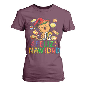 Funny Mexican Cat Christmas T Shirt For Women Feliz Navidad Sombrero Kitty Xmas TS14 Maroon Print Your Wear