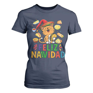 Funny Mexican Cat Christmas T Shirt For Women Feliz Navidad Sombrero Kitty Xmas TS14 Navy Print Your Wear