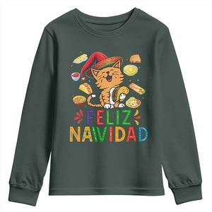 Funny Mexican Cat Christmas Youth Sweatshirt Feliz Navidad Sombrero Kitty Xmas TS14 Dark Forest Green Print Your Wear