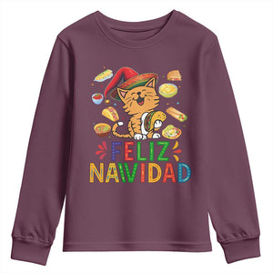 Funny Mexican Cat Christmas Youth Sweatshirt Feliz Navidad Sombrero Kitty Xmas TS14 Maroon Print Your Wear