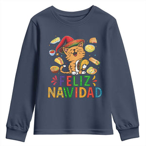 Funny Mexican Cat Christmas Youth Sweatshirt Feliz Navidad Sombrero Kitty Xmas TS14 Navy Print Your Wear