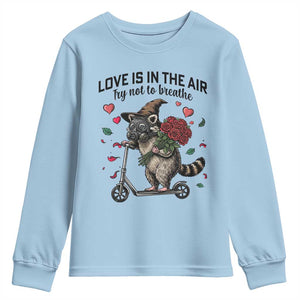 Funny Raccoon Scooter Anti Valentine Youth Sweatshirt Love Is In The Air Try Not To Breathe TS14 Light Blue Print Your Wear