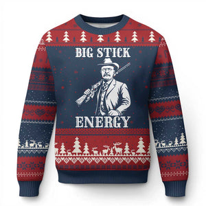 Funny Teddy Roosevelt Ugly Christmas Sweater Big Stick Energy President TS14 Navy Red Print Your Wear