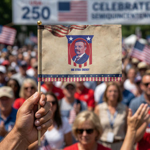 Theodore Roosevelt American Flag Patriotic Handheld Flag Big Stick Energy President TS14 Vintage 8.2" × 5.5" Rustic Tan Navy Print Your Wear