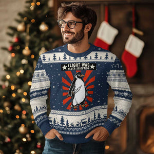 Flight was Never an Option Ugly Christmas Sweater Funny Penguin Knife Sarcastic