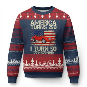 America Turns 250 I Turn 50 1976 50th Birthday Ugly Christmas Sweater Sports Car Retro Americana