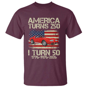 America Turns 250 I Turn 50 1976 50th Birthday T Shirt Sports Car Retro Americana