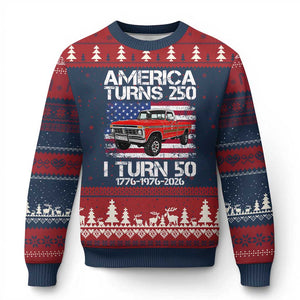 America Turns 250 I Turn 50 1976 50th Birthday Ugly Christmas Sweater Vintage Classic Original American Old Pickup Truck TS14 Navy Red Print Your Wear