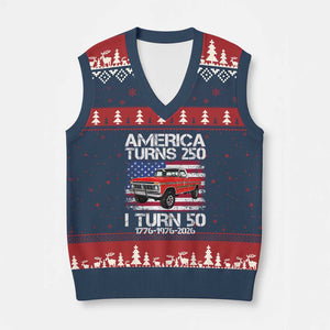 America Turns 250 I Turn 50 1976 50th Birthday V-Neck Knit Sweater Vest Vintage Classic Original American Old Pickup Truck TS14 Navy Red Print Your Wear
