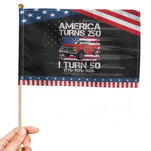 America Turns 250 I Turn 50 1976 50th Birthday Patriotic Handheld Flag Vintage Classic Original American Old Pickup Truck TS14 Distressed 8.2" × 5.5" Black Blue Print Your Wear