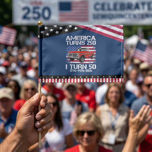 America Turns 250 I Turn 50 1976 50th Birthday Patriotic Handheld Flag Vintage Classic Original American Old Pickup Truck TS14 Classic 8.2" × 5.5" Blue Black Print Your Wear