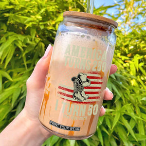 America Turns 250 I Turn 50 1976 50th Birthday Glass Can Patriotic Cowboy Cowgirl Rodeo 4th of July