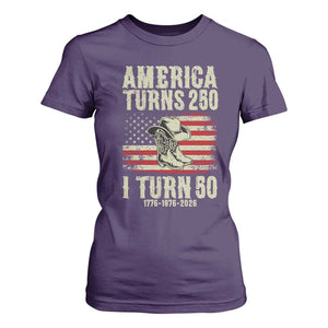 America Turns 250 I Turn 50 1976 50th Birthday T Shirt For Women Patriotic Cowboy Cowgirl Rodeo 4th of July