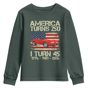 America Turns 250 I Turn 45 1981 45th Birthday Youth Sweatshirt Sports Car Retro Americana
