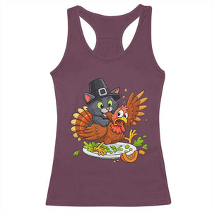 Funny Thanksgiving Cat Pilgrim Eat Turkey Racerback Tank Top TS14 Maroon Print Your Wear