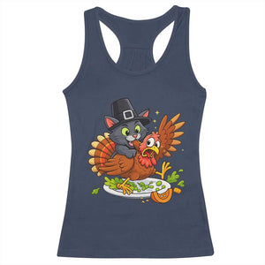 Funny Thanksgiving Cat Pilgrim Eat Turkey Racerback Tank Top TS14 Navy Print Your Wear