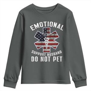 Emotional Support Husband Do Not Pet Youth Sweatshirt Funny Couples TS14 Dark Heather Print Your Wear