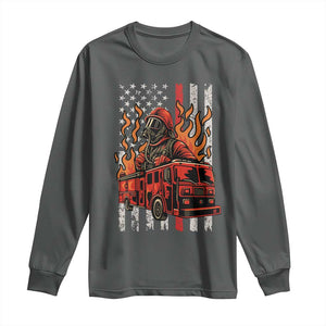 Firefighter Patriotic Fire Truck Fireman American Flag Long Sleeve Shirt TS14 Dark Heather Print Your Wear