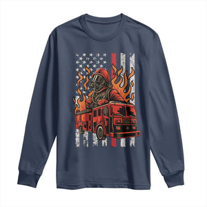 Firefighter Patriotic Fire Truck Fireman American Flag Long Sleeve Shirt TS14 Navy Print Your Wear