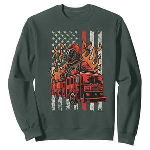 Firefighter Patriotic Fire Truck Fireman American Flag Sweatshirt TS14 Dark Forest Green Print Your Wear