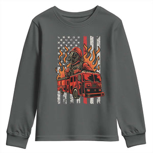 Firefighter Patriotic Fire Truck Fireman American Flag Youth Sweatshirt TS14 Dark Heather Print Your Wear