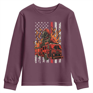 Firefighter Patriotic Fire Truck Fireman American Flag Youth Sweatshirt TS14 Maroon Print Your Wear