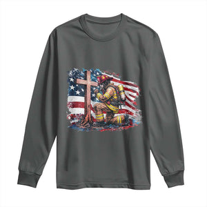 Fireman American Flag Long Sleeve Shirt Firefighter Christian Cross Bible TS14 Dark Heather Print Your Wear