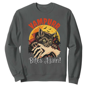 Vampurr Bites Again Sweatshirt Funny Vampire Cat Halloween Horror TS14 Dark Heather Print Your Wear