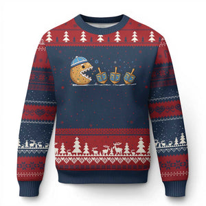 Funny Hanukkah Ugly Christmas Sweater Donut Chasing Flames Jewish TS14 Navy Red Print Your Wear