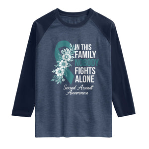 Sexual Assault Awareness Raglan Shirt In This Family Nobody Fights Alone TS14 Heather Denim Navy Print Your Wear