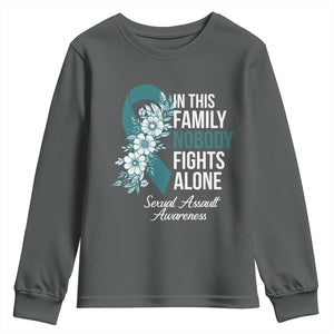 Sexual Assault Awareness Youth Sweatshirt In This Family Nobody Fights Alone TS14 Dark Heather Print Your Wear