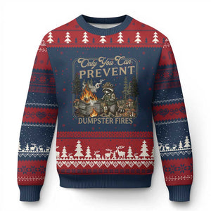 Only You Can Prevent Dumpster Fires Ugly Christmas Sweater Funny Raccoon Mental Health Meme TS14 Navy Red Print Your Wear