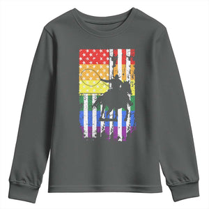 Rodeo Gay Cowboy Western LGBTQ Rainbow Flag Youth Sweatshirt TS14 Dark Heather Print Your Wear